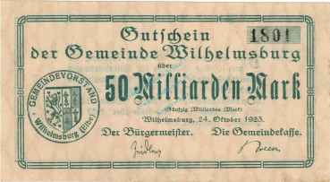 Wilhelmsburg , Banknote 50 Milliarden Mark Schein unc-kfr. Keller 5626.b , Niedersachsen 1923 Inflation