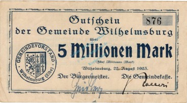 Wilhelmsburg , Banknote 5 Millionen Mark Schein in gbr. Keller 5626.a , Niedersachsen 1923 Inflation