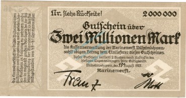 Wilhelmshaven , Banknote 2 Millionen Mark Schein unc-kfr. Keller 5629.a , Niedersachsen 1923 Inflation
