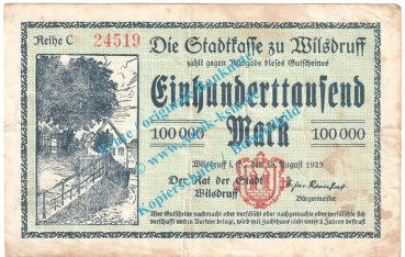 Wilsdruff , Notgeld 100.000 Mark Schein in gbr. Keller 5637.a , Sachsen 1923 Grossnotgeld Inflation