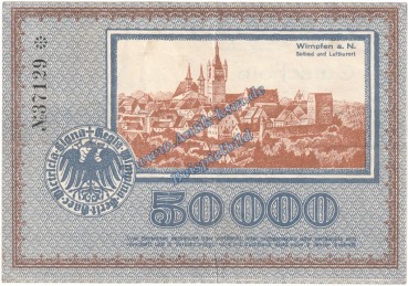 Preview: Wimpfen a.N. Banknote 50.000 Mark Schein in L-gbr. Keller 5642.a , Hessen 1923 Grossnotgeld - Inflation