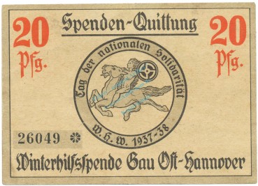 Preview: Winterhilfsspende , 20 Pfennig Schein L-gbr. Gau Ost-Hannover , Niedersachsen o.D. Spendenschein
