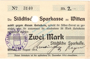 Witten , Notgeld 2 Mark Schein unc-kfr.E Diessner 435.9.a , Westfalen 1914 Notgeld 1914-15