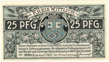Wittlich , Notgeld 25 Pfennig -blau- unc-kfr. Ti.8030.10.25 , Rheinland 1921 Verkehrsausgabe
