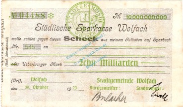 Wolfach , Banknote 10 Milliarden Mark Schein gbr. Keller 5693 , Baden 1923 Inflation