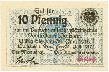 Wollstein , Notgeld 10 Pfennig Schein unc-kfr. Ti.8090.05.15 , Posen 1917 Verkehrsausgabe