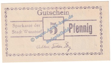 Preview: Wunstorf , Notgeld 5 Pfennig Schein -45 mm- in kfr. Tieste 8145.15.15 , Niedersachsen o.D. Verkehrsausgabe