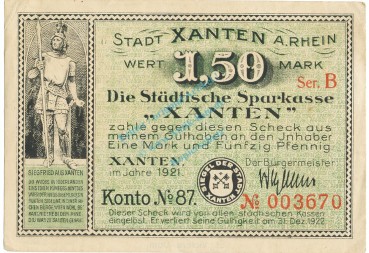 Xanten , Notgeld 1,50 Pfennig Schein Nr.1 F-kfr. M-G 1465.1 , NRW 1921 -5704-