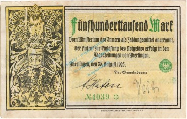 Überlingen , 500.000 Mark Grossnotgeld Schein gbr. BAD 1923 Inflation -3736-