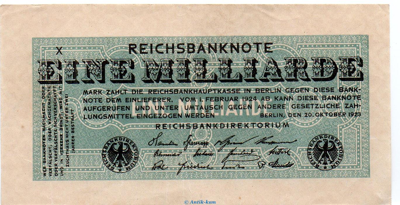 Antik-ksm - Reichsbanknote , 1 Milliarde Mark Schein in L-gbr. DEU-144