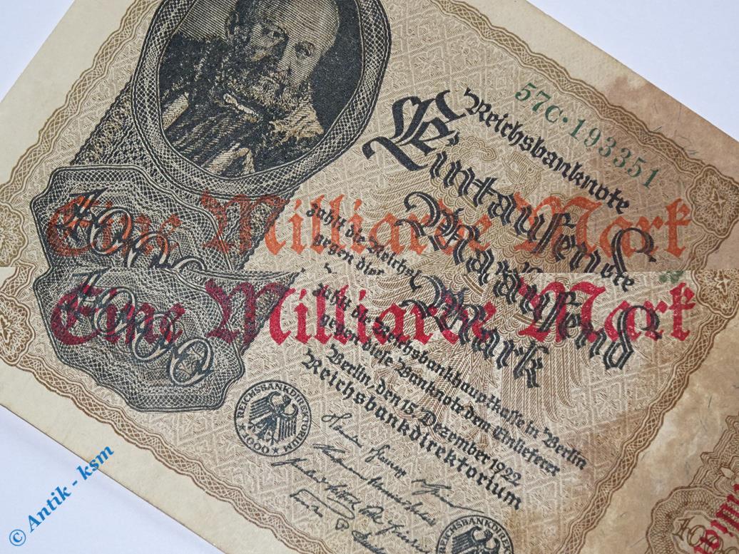 Antik-ksm - Reichsbanknote , 1 Milliarde Mark , Überdruck ORANGE , DEU