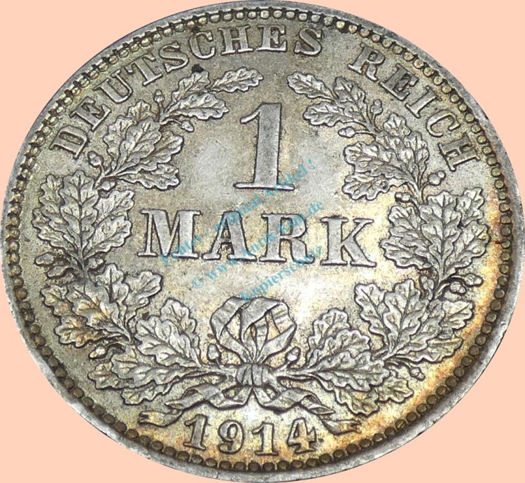 1 Mark Münze -gr. Adler- 1914 E -deutsches Kaiserreich- ss-vz J.17 -0920-