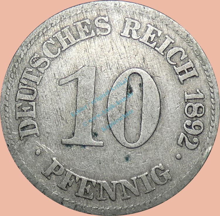 10 Pfennig Münze Deutsches Kaiserreich 1892 E -gr.Adler- s-ss- J.13 -0975-