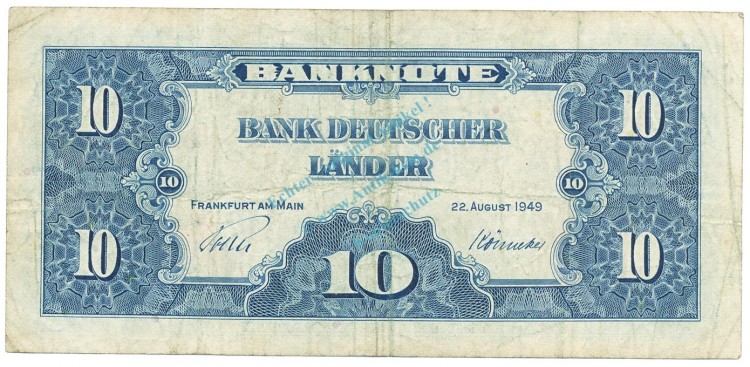 10 Mark Schein -Kopfgeld- gbr. 1949 BRD-4, Ros.258, P.16.a , Bank deutscher Länder -1294-