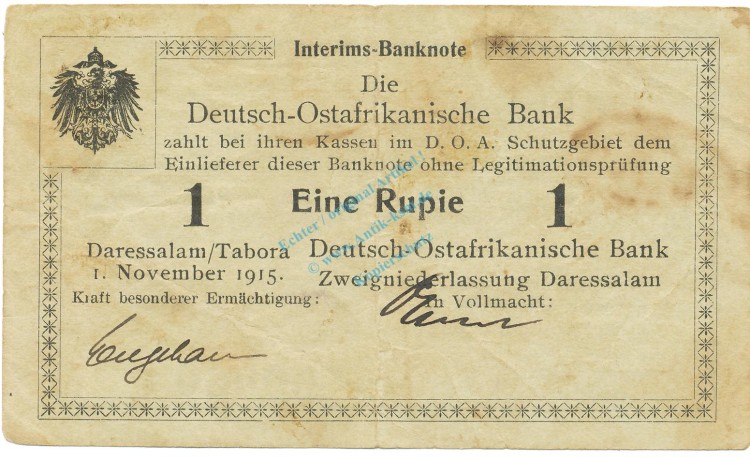 1 Rupie Schein 1916 gbr. DOA.16, Ros.915, P.8 Deutsch-Ostafrika -1318-