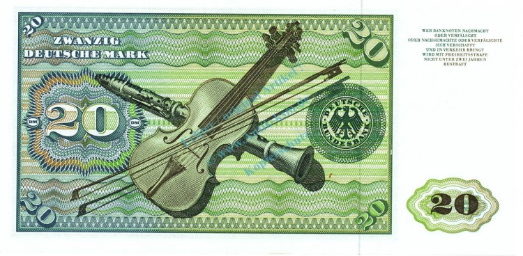 20 D-Mark Schein unc-kfr 1980 BRD-31, Ros.287, P.32.d , Deutsche Bundesbank -1280-