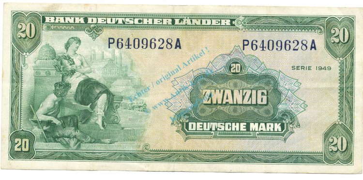 20 Mark Schein -Kopfgeld- gbr. 1949 BRD-5, Ros.260, P.17.a , Bank deutscher Länder -1293-