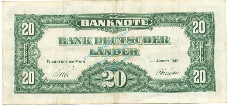 20 Mark Schein -Kopfgeld- gbr. 1949 BRD-5, Ros.260, P.17.a , Bank deutscher Länder -1293-