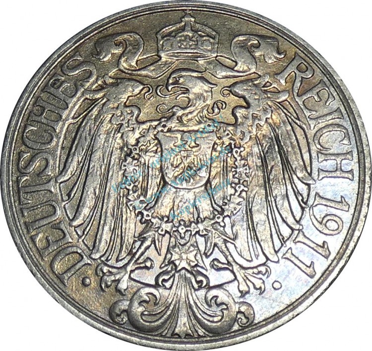 25 Pfennig Kursmünze -gr. Adler- 1911 A -deutsches Kaiserreich- ss-vz J.18 -0822-