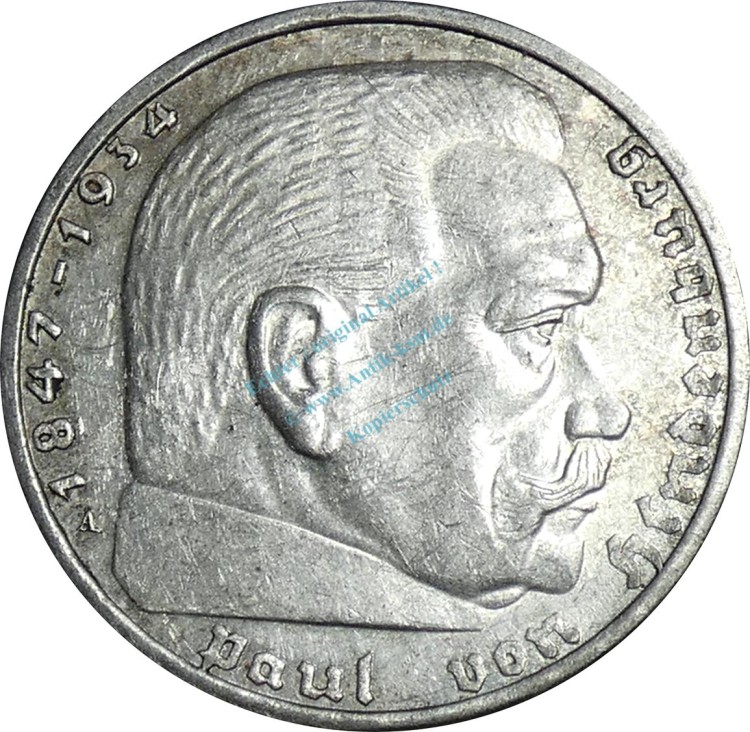 2 Mark Kursmünze -Hindenburg- 1939 A -deutsches Reich- ss-vz J.366 -0804-