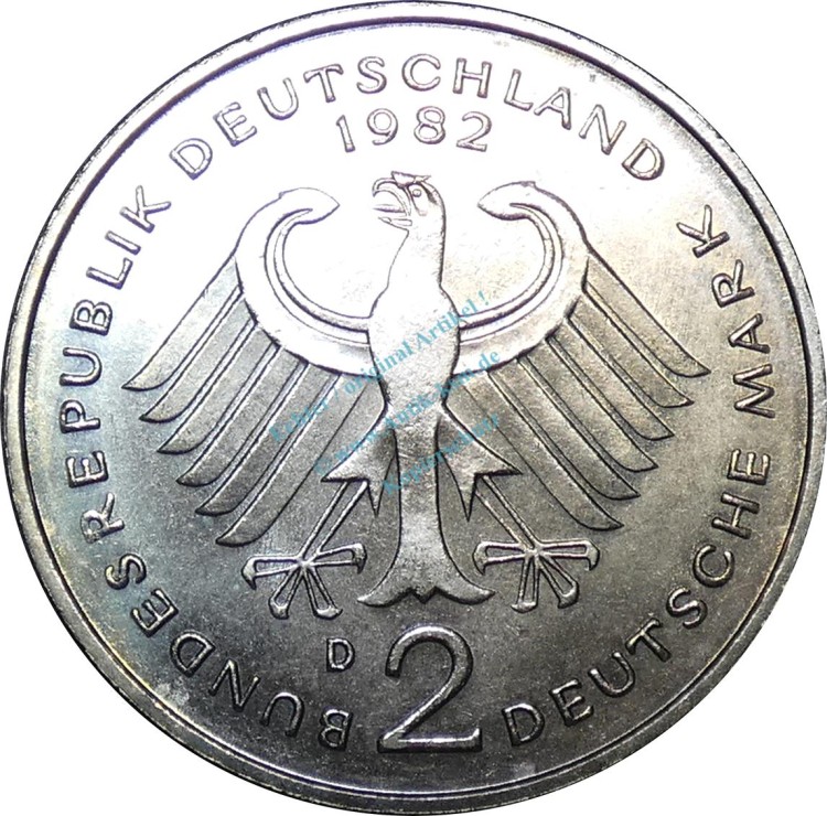 2 Mark Kursmmünze 1982 D -BRD Kurt Schuhmacher- ss-vz , J.424 -0677-