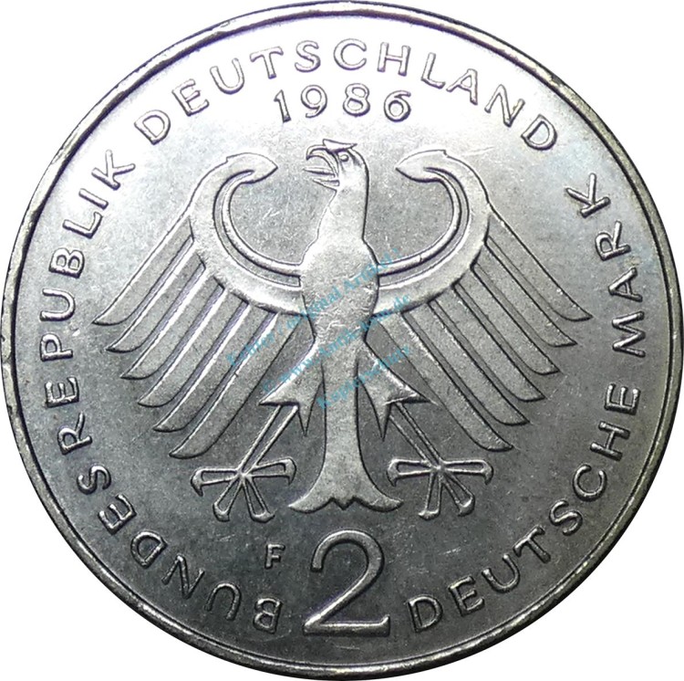 2 Mark Kursmmünze 1986 F -BRD Konrad Adenauer- ss-vz , J.406 -0682-