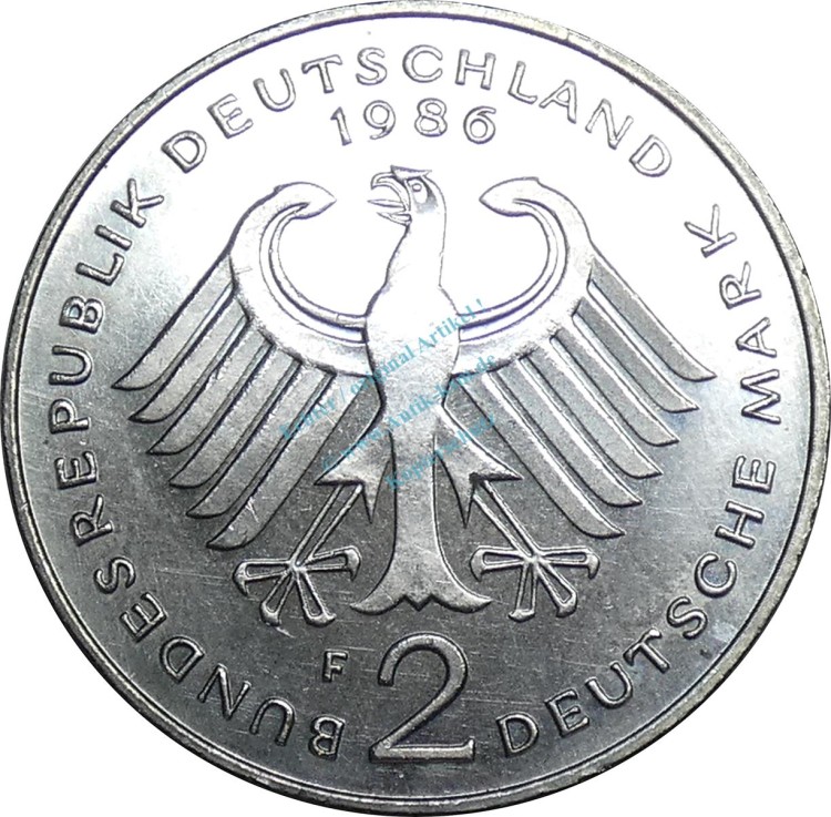 2 Mark Kursmmünze 1986 F -BRD Theodor Heuss- ss-vz , J.407 -0681-