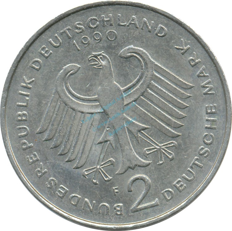2 Mark Kursmmünze 1990 F -Franz-Josef Strauß- ss-vz , J.450 -0694-