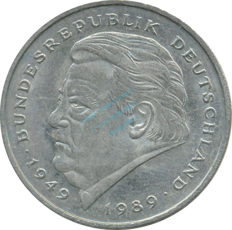 2 Mark Kursmmünze 1990 F -Franz-Josef Strauß- ss-vz , J.450 -0694-