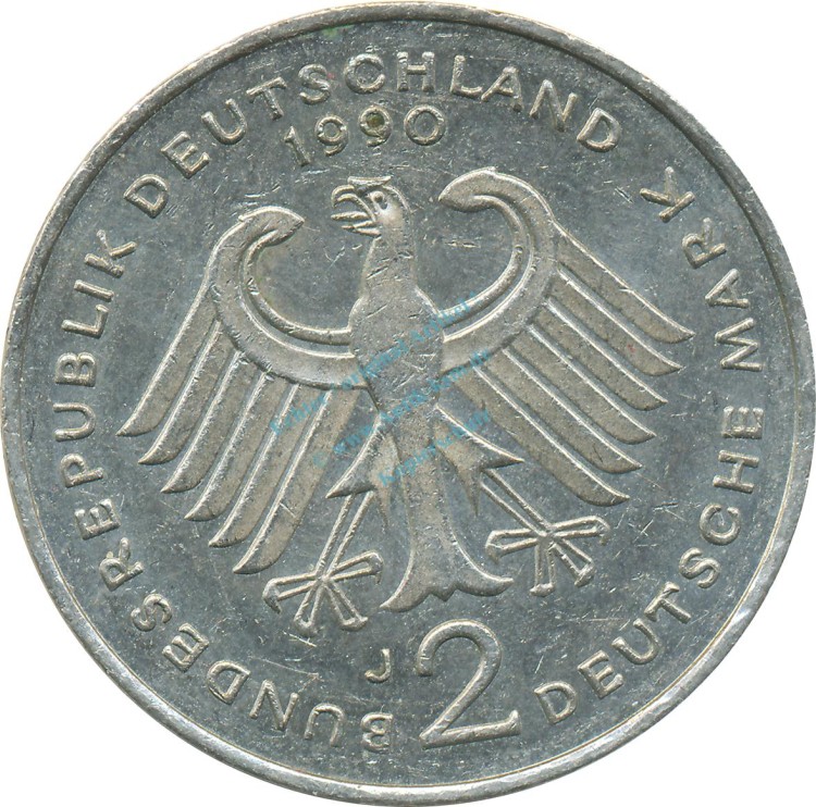 2 Mark Kursmmünze 1990 J -Franz-Josef Strauß- ss-vz , J.450 -0692-