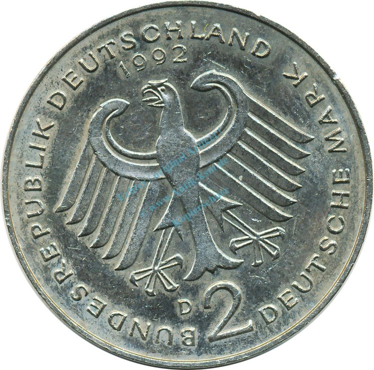 2 Mark Kursmmünze 1992 D -Franz-Josef Strauß- ss-vz , J.450 -0699-