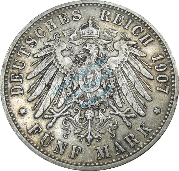 5 Mark Kursmünze 1907 -Wilhelm II König v. Württemberg- ss J.176 -0903-