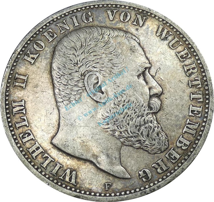 5 Mark Kursmünze 1907 -Wilhelm II König v. Württemberg- ss J.176 -0903-