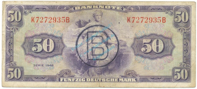 50 Mark Schein -B Stpl- gbr 1948 WBZ-19, Ros.243, P.7.b-d , Bank deutscher Länder -1290-
