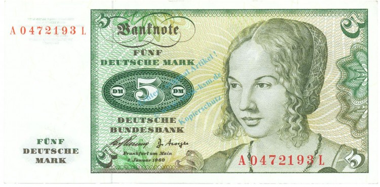 5 D-Mark Schein unc-kfr 1960 BRD-6, Ros.262, P.18 , Deutsche Bundesbank -1282-