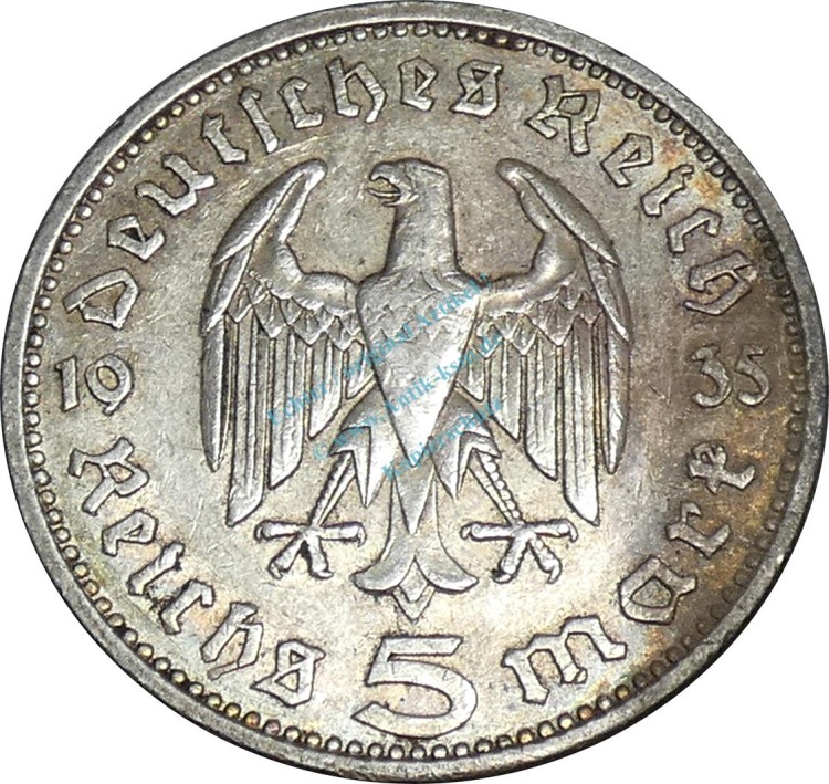 5 Mark Kursmünze -Hindenburg- 1935 J -deutsches Reich- ss-vz J.360 -0791-