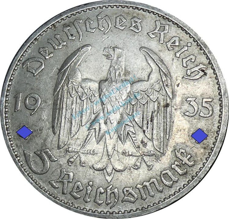 5 Mark Kursmünze -Kirche o.D.- 1935 D -deutsches Reich- ss-vz J.357 -0794-