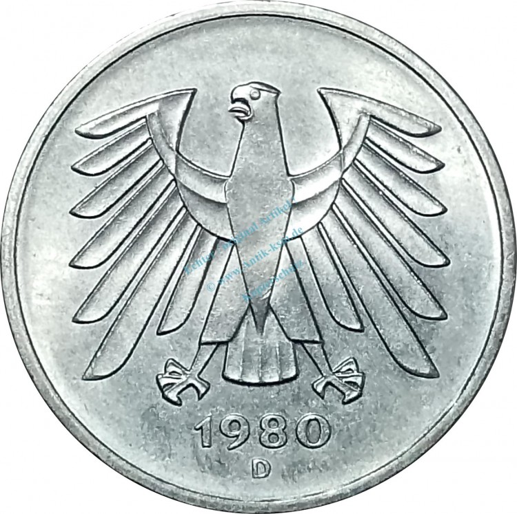 5 Mark Kursmmünze 1980 D -Bundesrepublik Deutschland- ss-vz , J.415 -0669-
