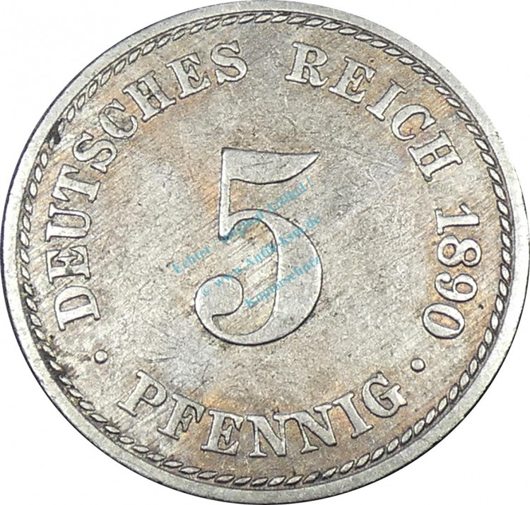 5 Pfennig Kursmünze -gr. Adler- 1890 A -deutsches Kaiserreich- ss-vz J.12 -0868-