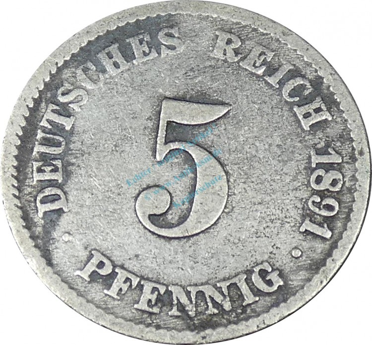 5 Pfennig Kursmünze -gr. Adler- 1891 G -deutsches Kaiserreich- s-ss J.12 -0837-