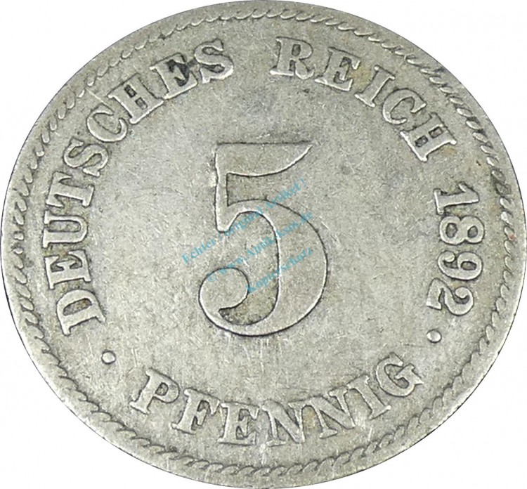 5 Pfennig Kursmünze -gr. Adler- 1892 F -deutsches Kaiserreich- s-ss J.12 -0838-