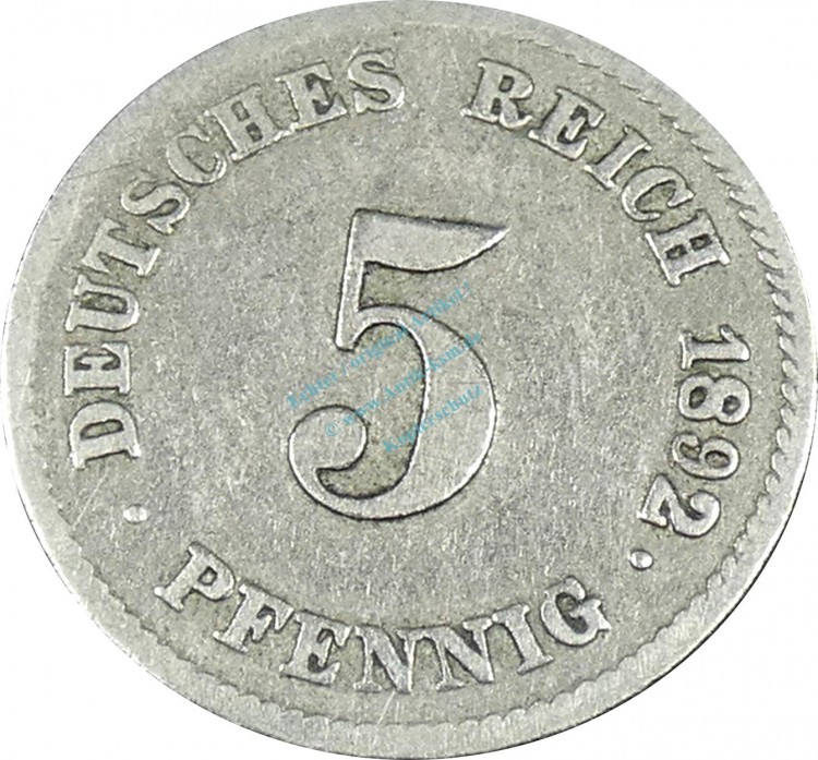 5 Pfennig Kursmünze -gr. Adler- 1892 G -deutsches Kaiserreich- s-ss J.12 -0872-