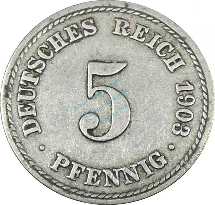 5 Pfennig Kursmünze -gr. Adler- 1903 F -deutsches Kaiserreich- ss-vz J.12 -0886-
