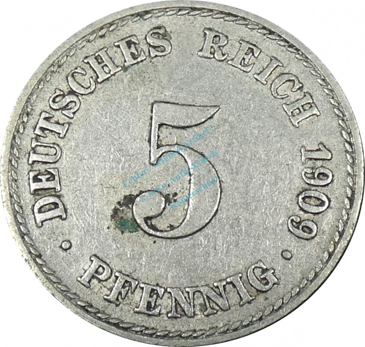 5 Pfennig Kursmünze -gr. Adler- 1909 F -deutsches Kaiserreich- ss-vz J.12 -0892-