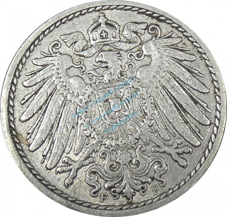 5 Pfennig Kursmünze -gr. Adler- 1909 F -deutsches Kaiserreich- ss-vz J.12 -0892-