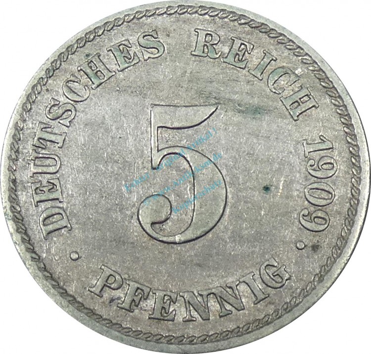 5 Pfennig Kursmünze -gr. Adler- 1909 J -deutsches Kaiserreich- ss-vz J.12 -0893-