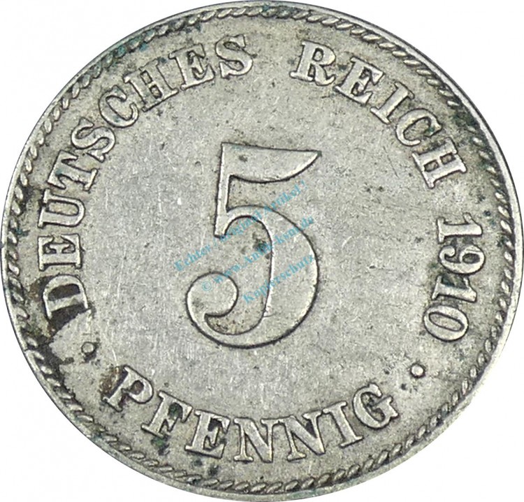 5 Pfennig Kursmünze -gr. Adler- 1910 J -deutsches Kaiserreich- ss-vz J.12 -0894-