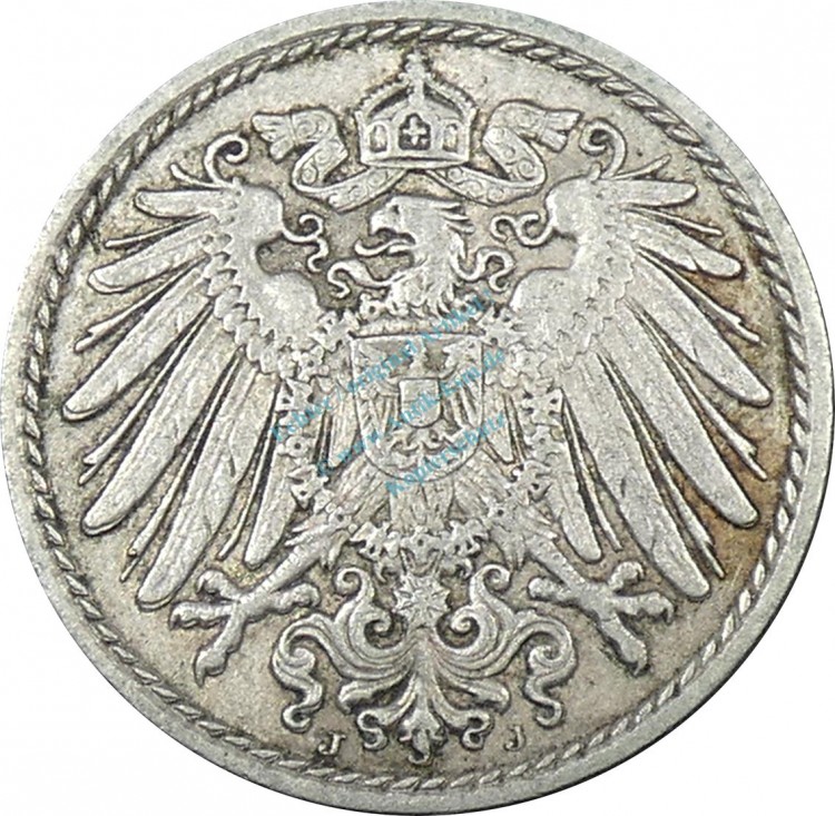 5 Pfennig Kursmünze -gr. Adler- 1913 J -deutsches Kaiserreich- ss-vz J.12 -0895-