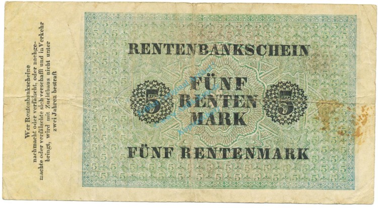 5 Rentenmark Schein 1923 gbr. DEU.201, Ros.156, P.163 deutsche Rentenbank -1314-