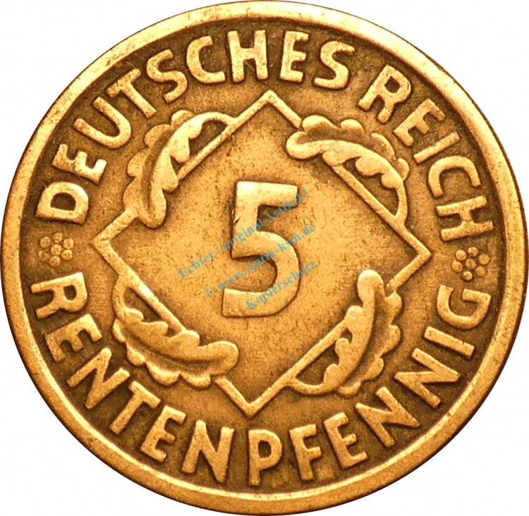 5 Rentenpfennig Kursmünze 1923 F -deutsches Reich- ss , J.308 -0737-